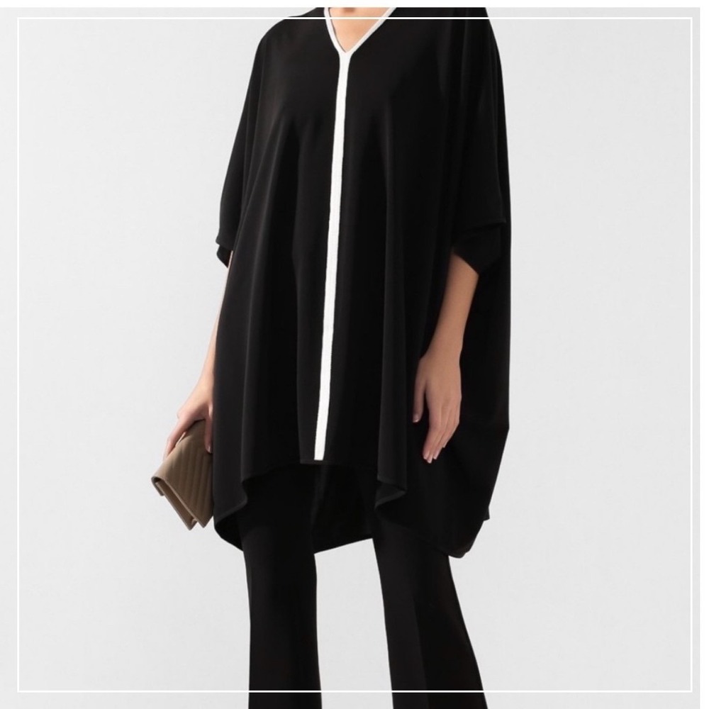 St. John Collection Black‎ White Contrast Trim Kaftan Dress M Midi V-Neck NWT